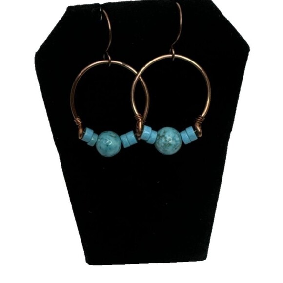 Copper And Turquoise Gemstone Half Hoop Earrings Handcrafted Made In USA Boho - Picture 2 of 7